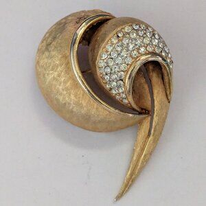 Vintage B.S.K. Matte Gold Textured Clear Rhinestone Comma Brooch Pin